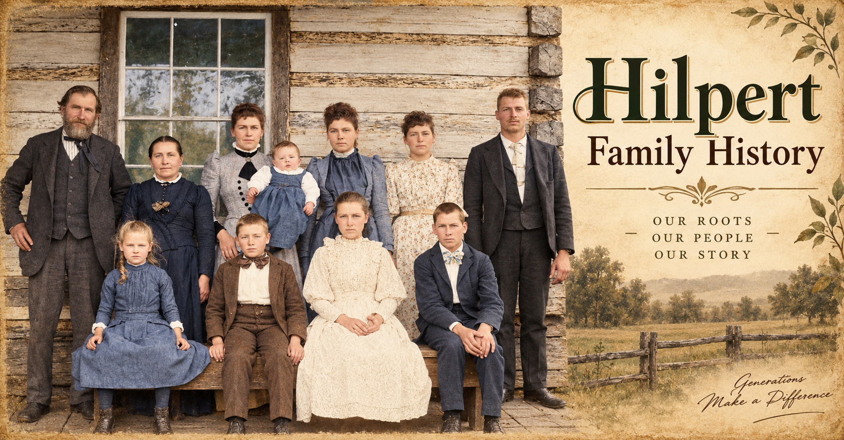 Hilpert Family History banner featuring a restored historic family photograph